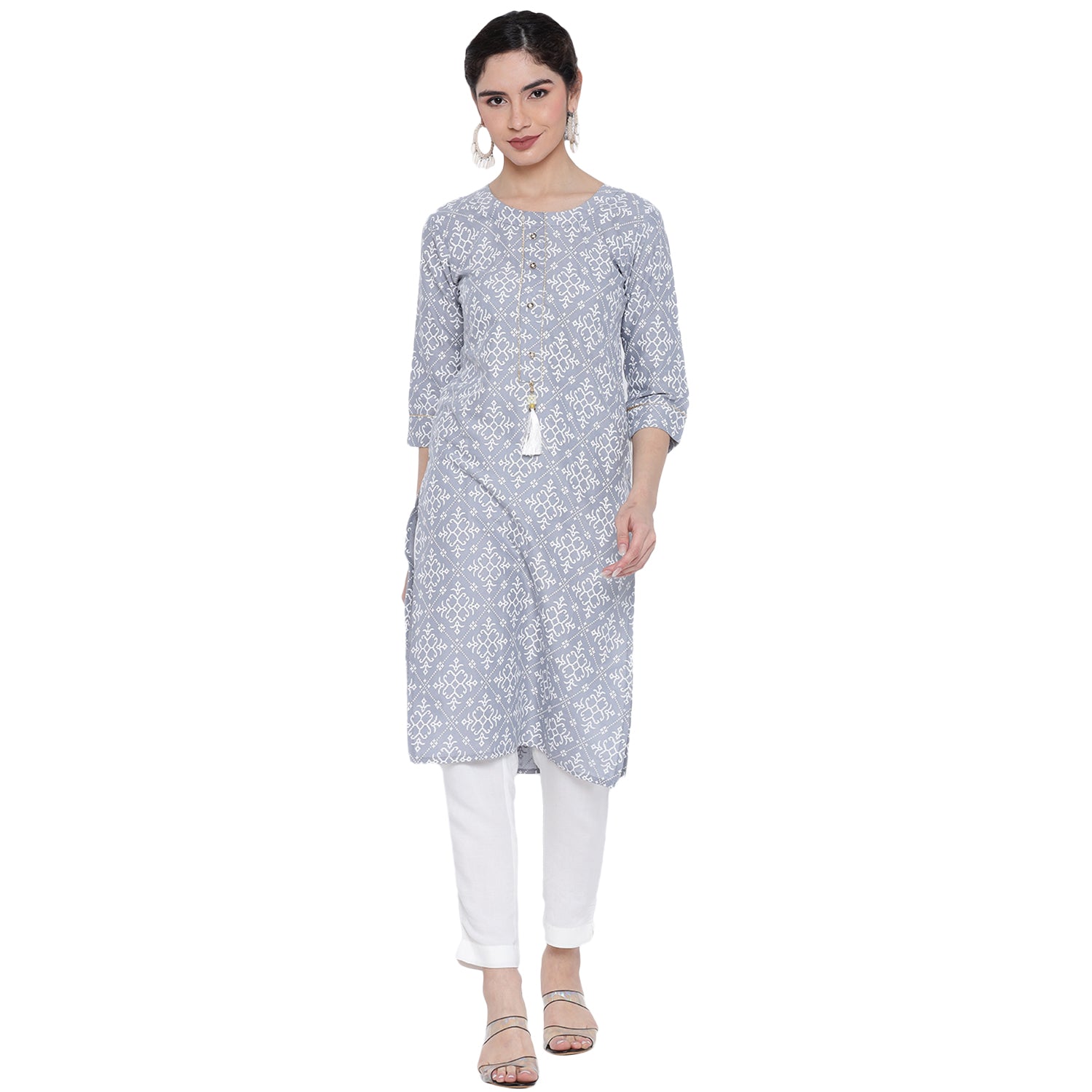 Banjara India Pastel Grey Printed Straight Rayon Kurti