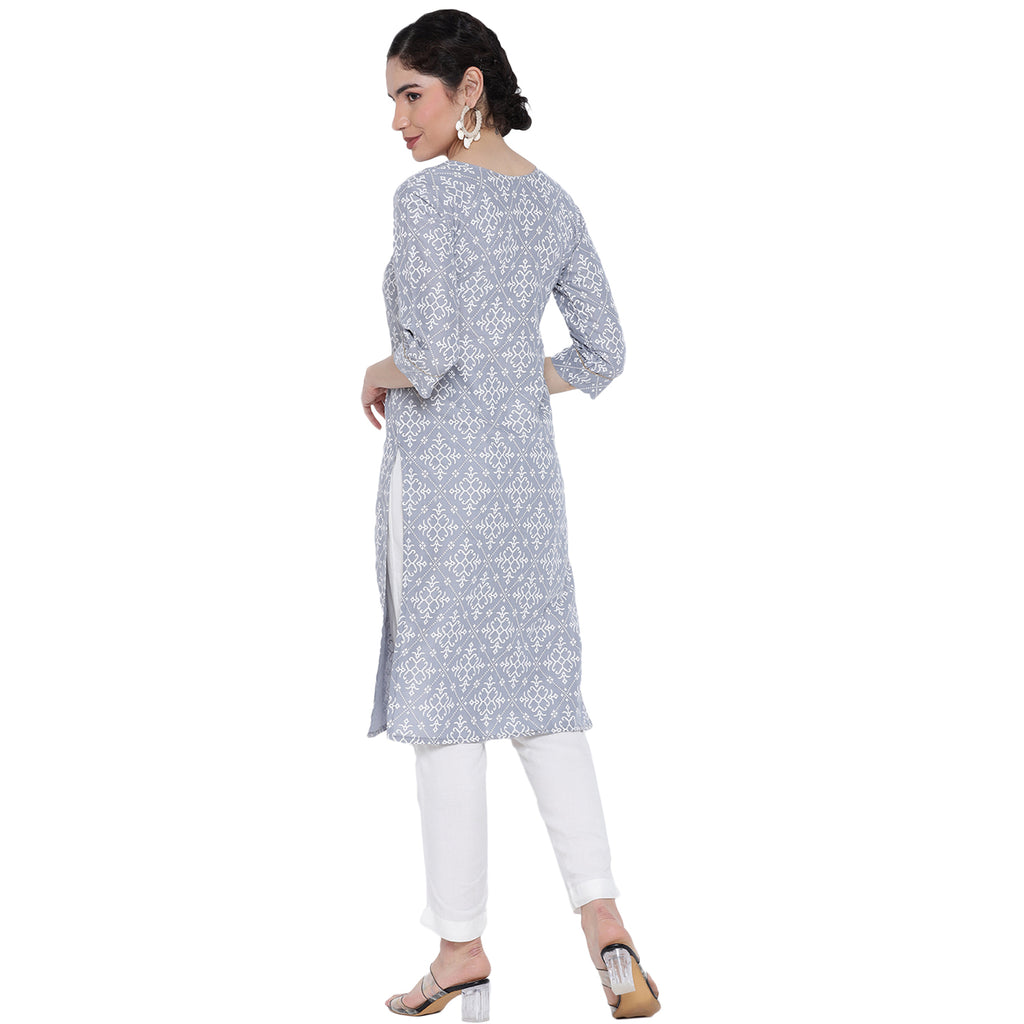 Banjara India Pastel Grey Printed Straight Rayon Kurti