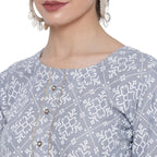 Banjara India Pastel Grey Printed Straight Rayon Kurti