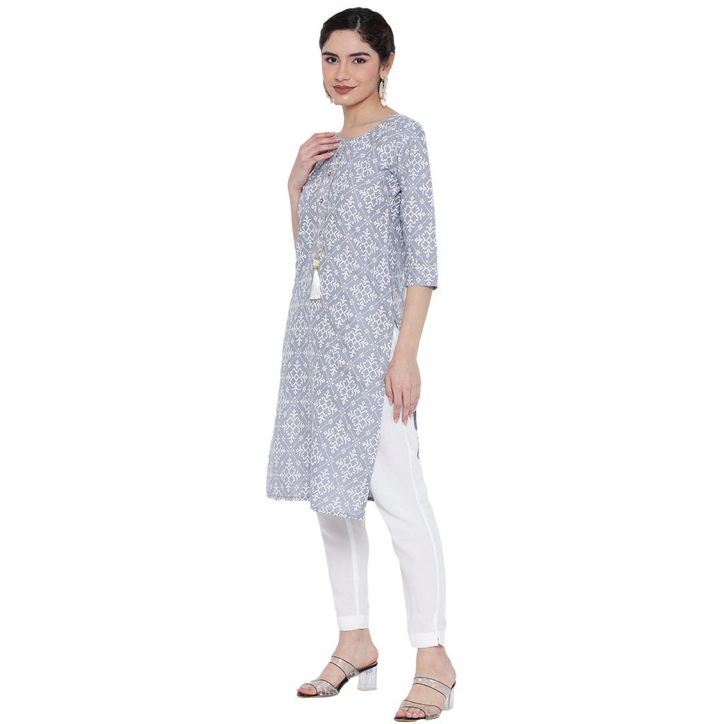 Banjara India Pastel Grey Printed Straight Rayon Kurti