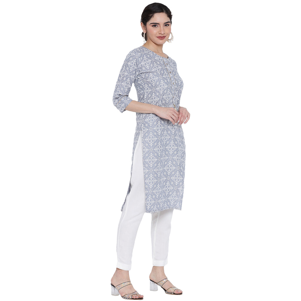 Banjara India Pastel Grey Printed Straight Rayon Kurti