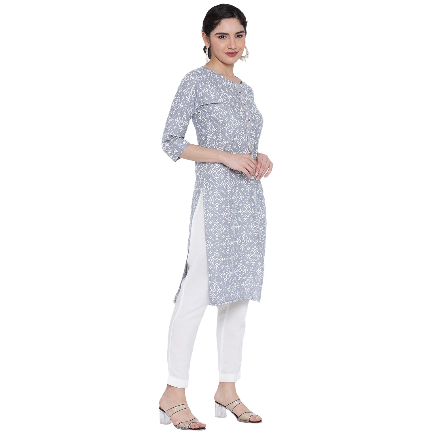Banjara India Pastel Grey Printed Straight Rayon Kurti
