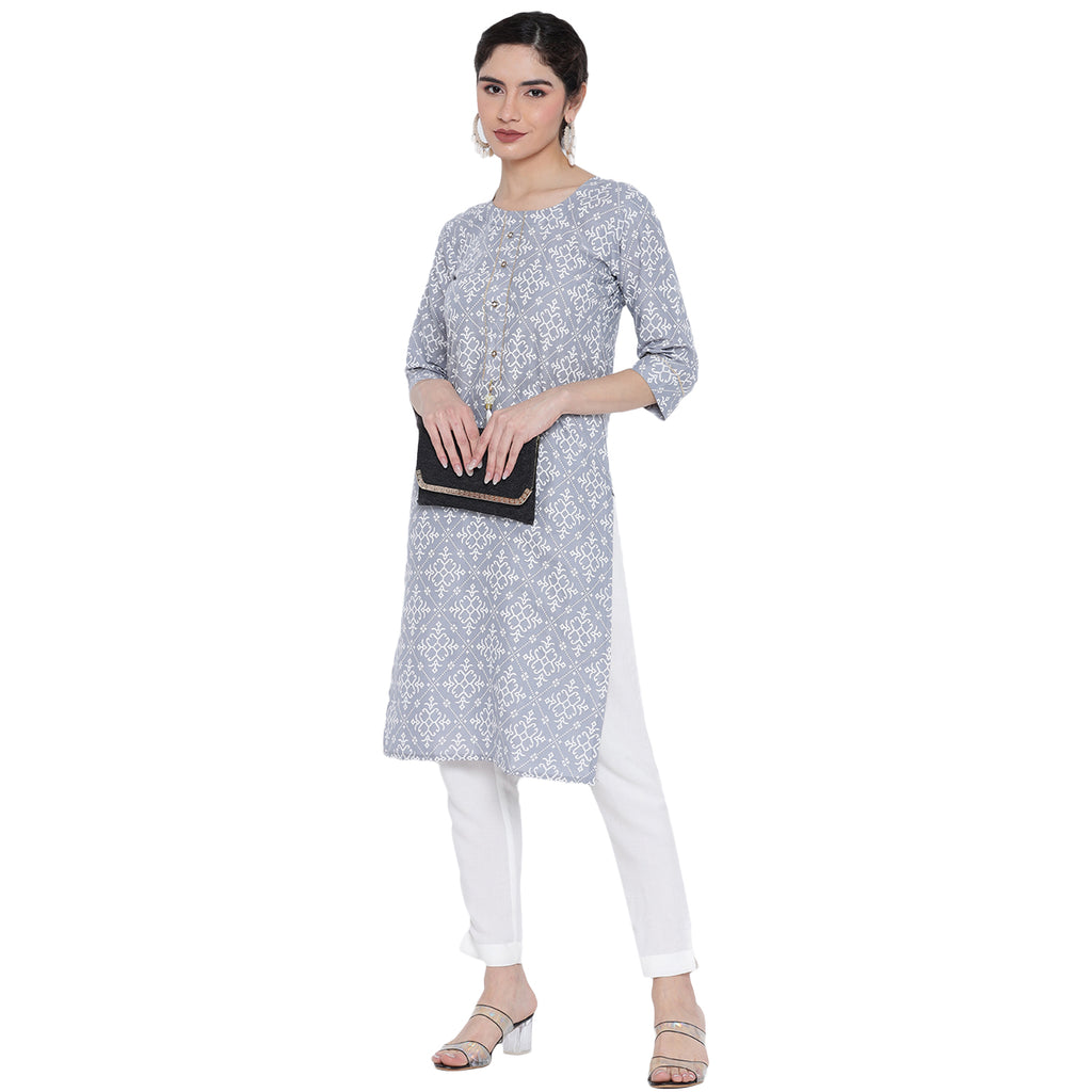 Banjara India Pastel Grey Printed Straight Rayon Kurti