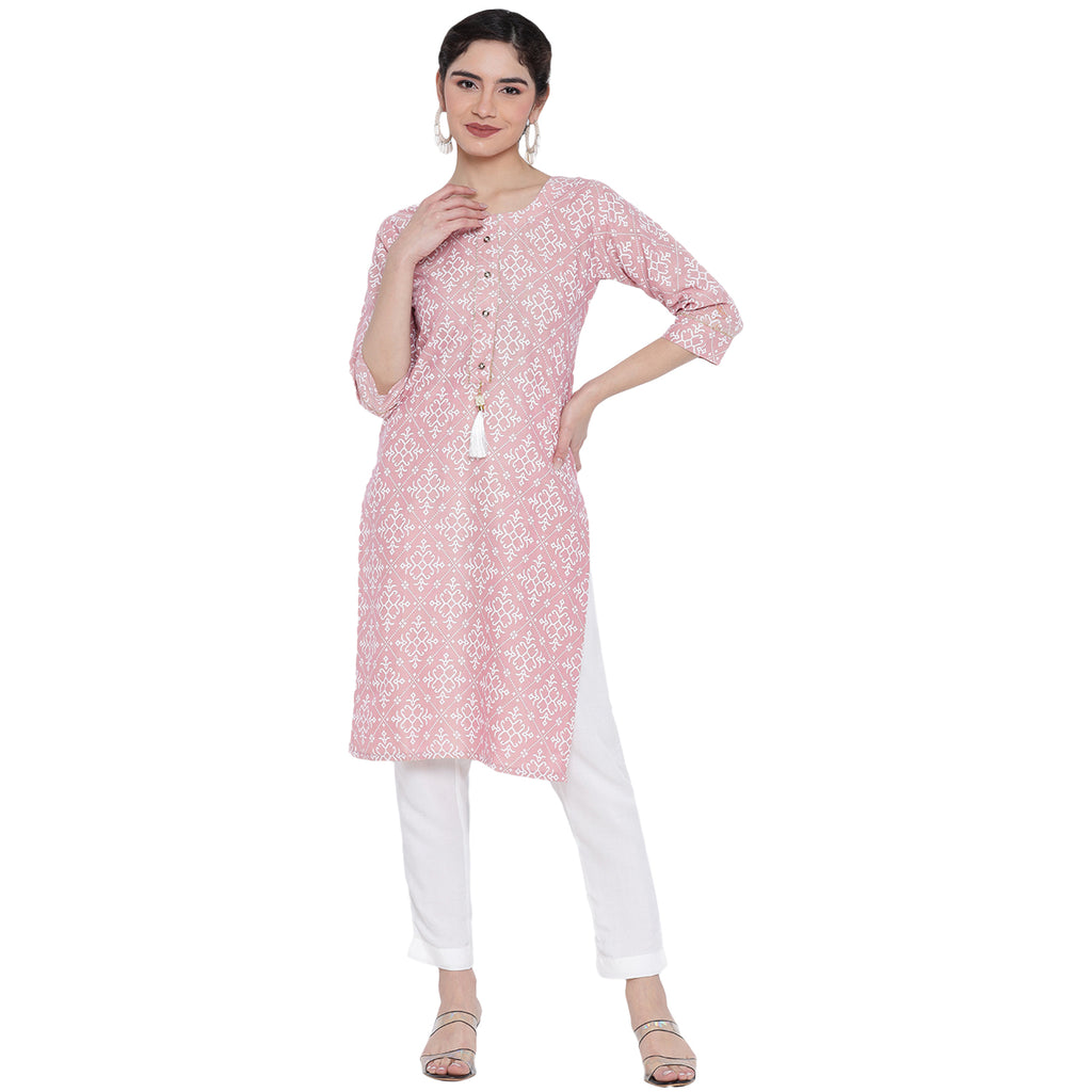 Banjara India Pastel Pink Printed Straight Rayon Kurti