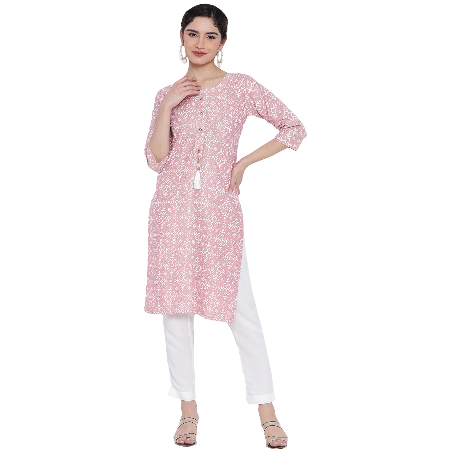 Banjara India Pastel Pink Printed Straight Rayon Kurti