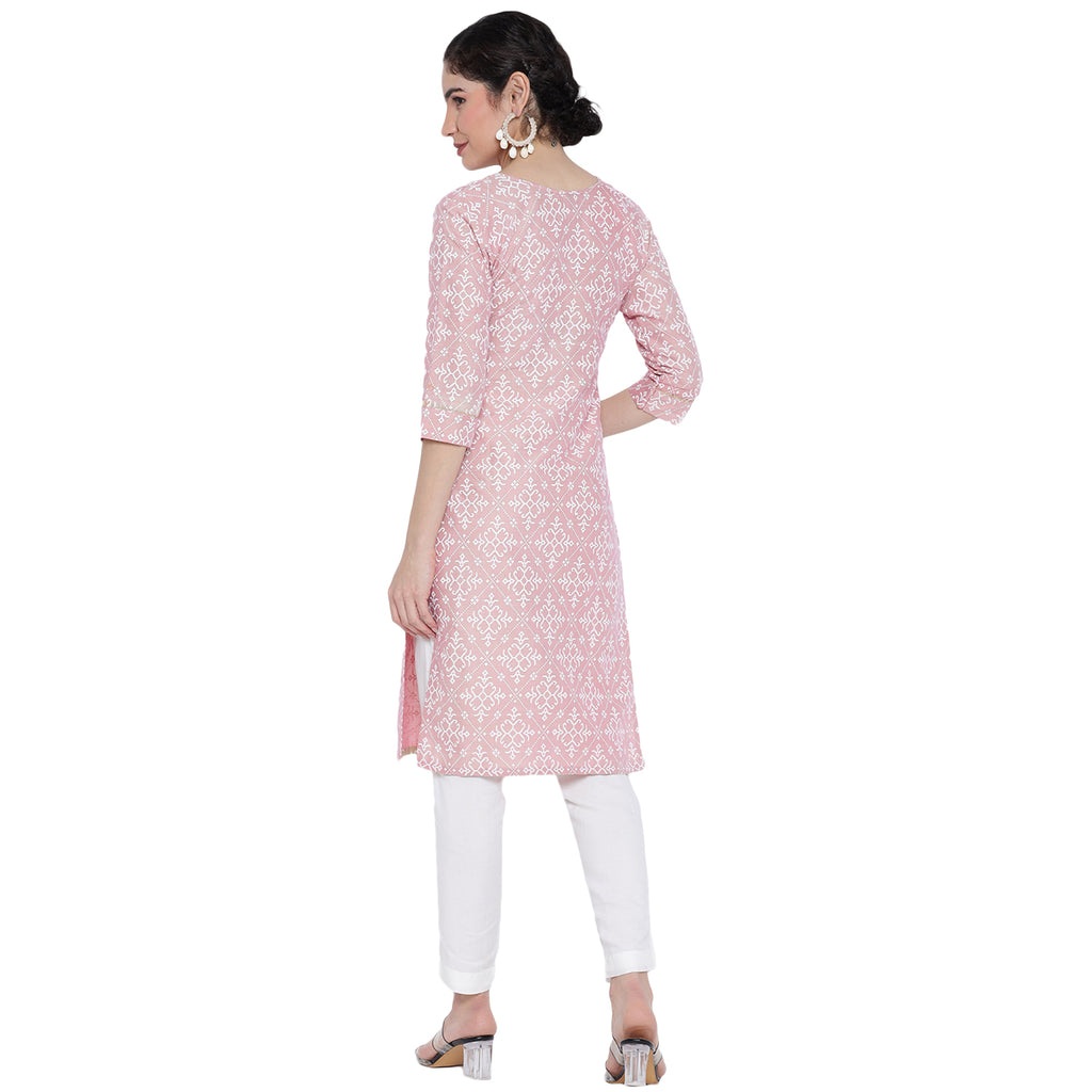 Banjara India Pastel Pink Printed Straight Rayon Kurti