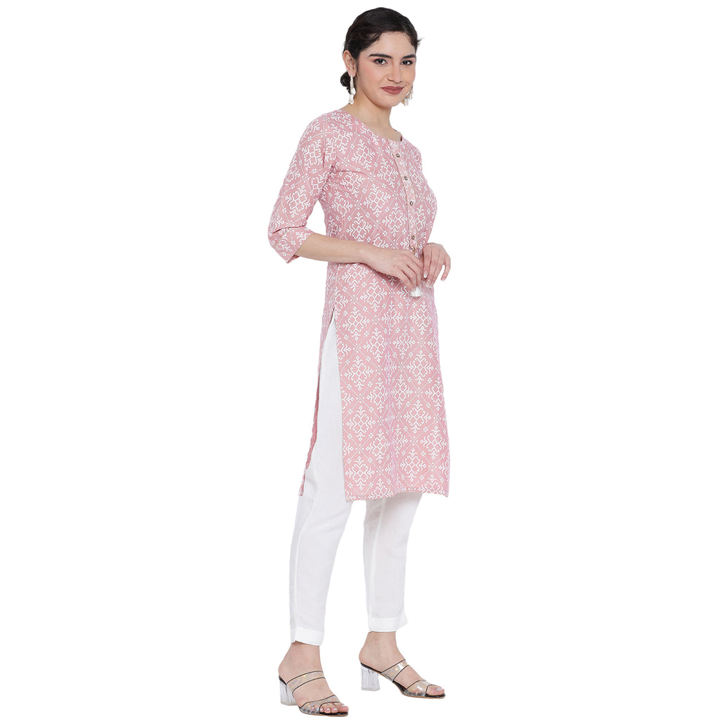 Banjara India Pastel Pink Printed Straight Rayon Kurti