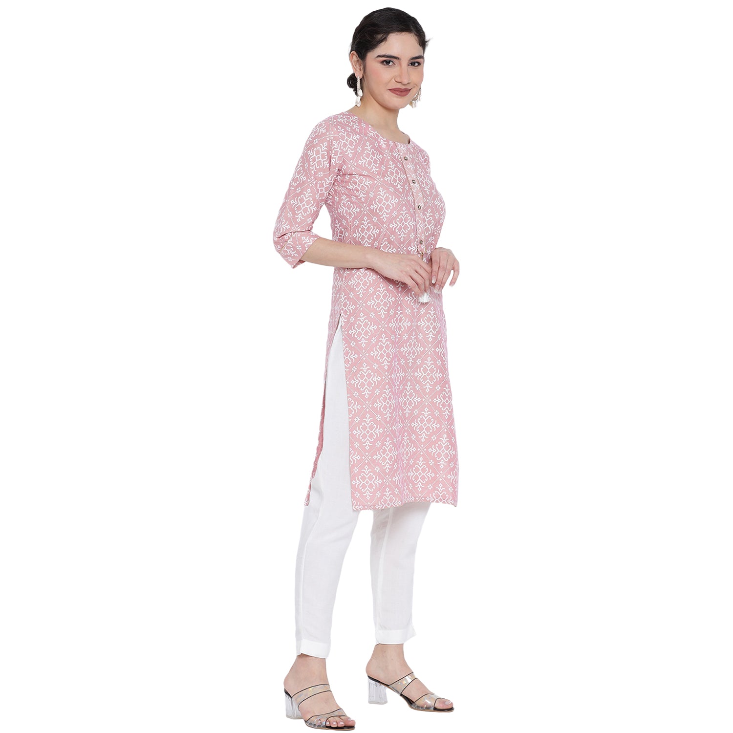 Banjara India Pastel Pink Printed Straight Rayon Kurti