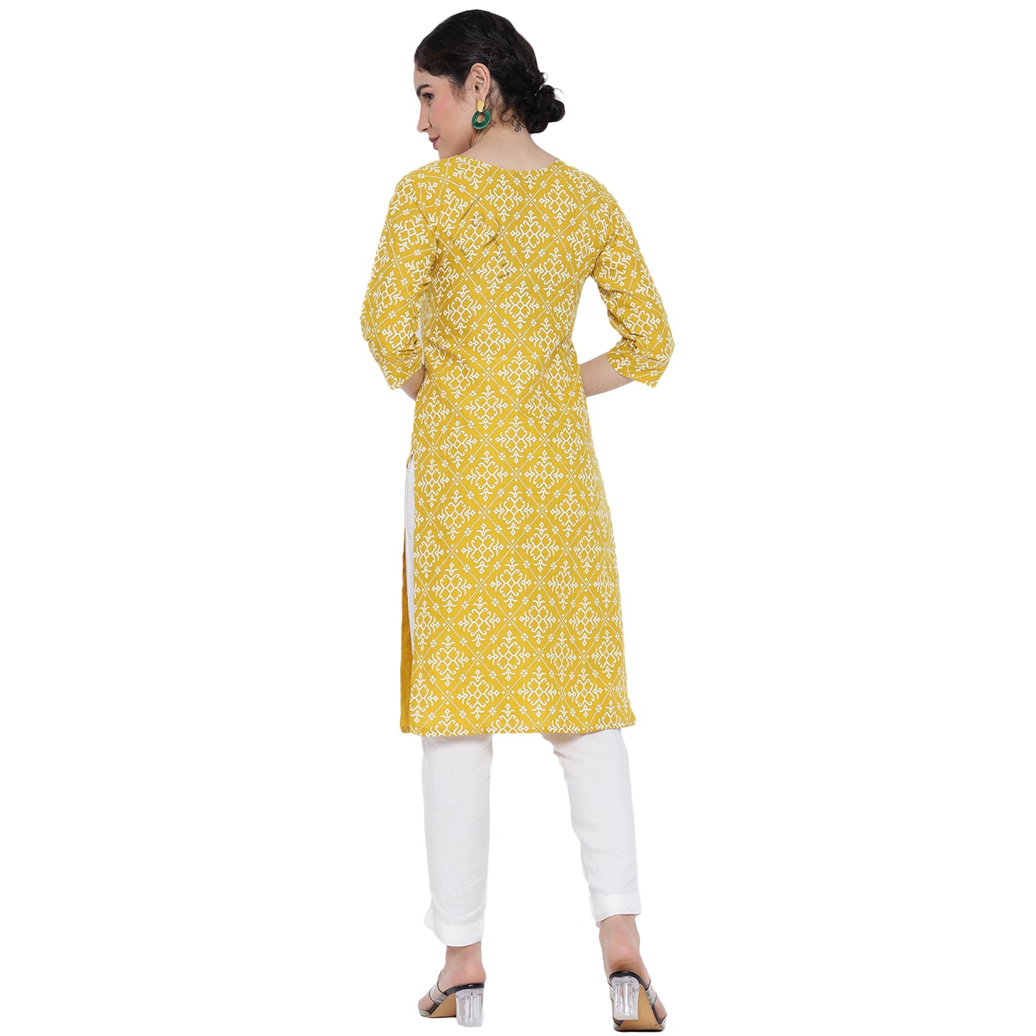 Banjara India Pastel Yellow Printed Straight Rayon Kurti
