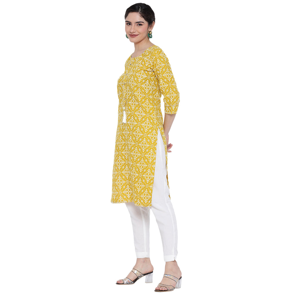 Banjara India Pastel Yellow Printed Straight Rayon Kurti