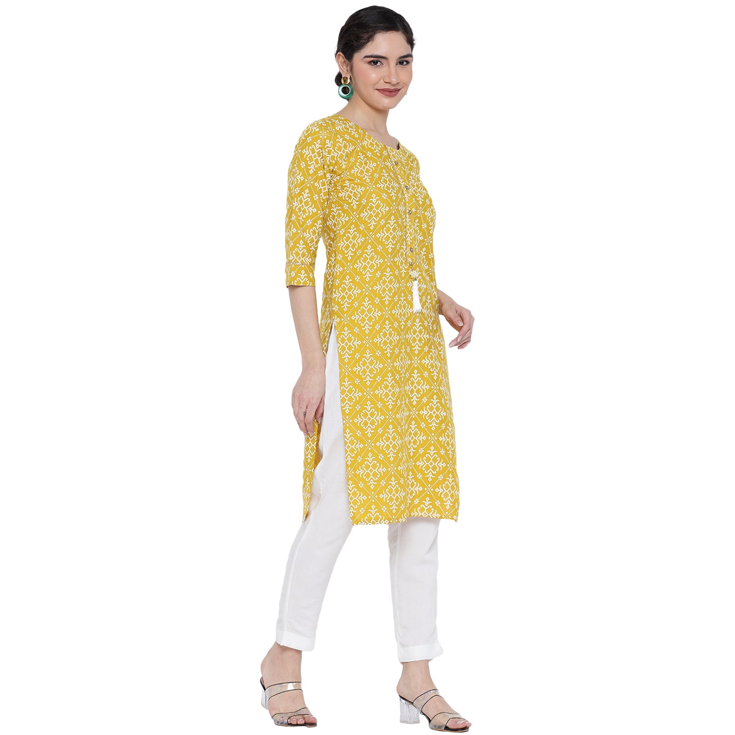 Banjara India Pastel Yellow Printed Straight Rayon Kurti