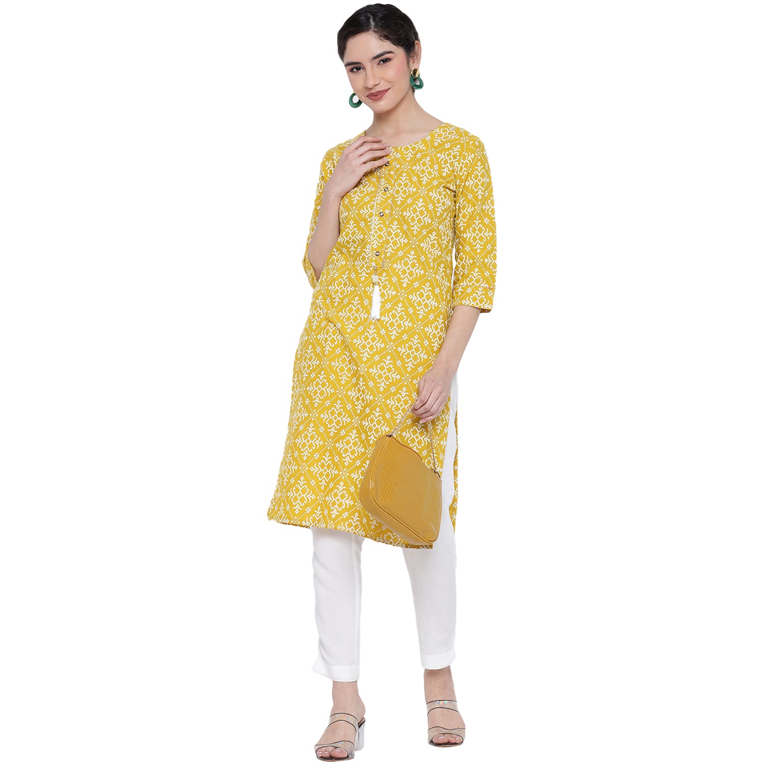 Banjara India Pastel Yellow Printed Straight Rayon Kurti