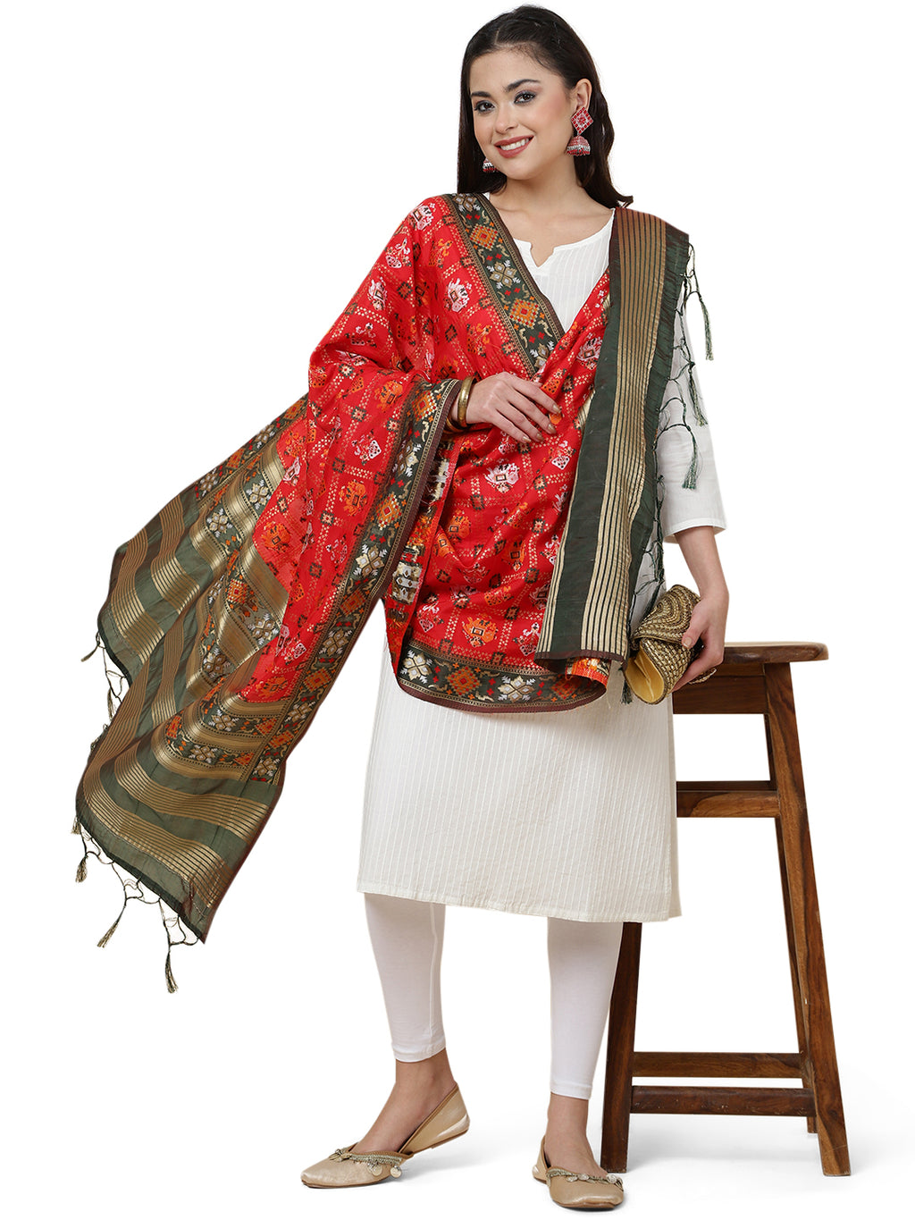 Banarasi Silk Patola Emboidered Dupatta- Orange (Patola-Red)