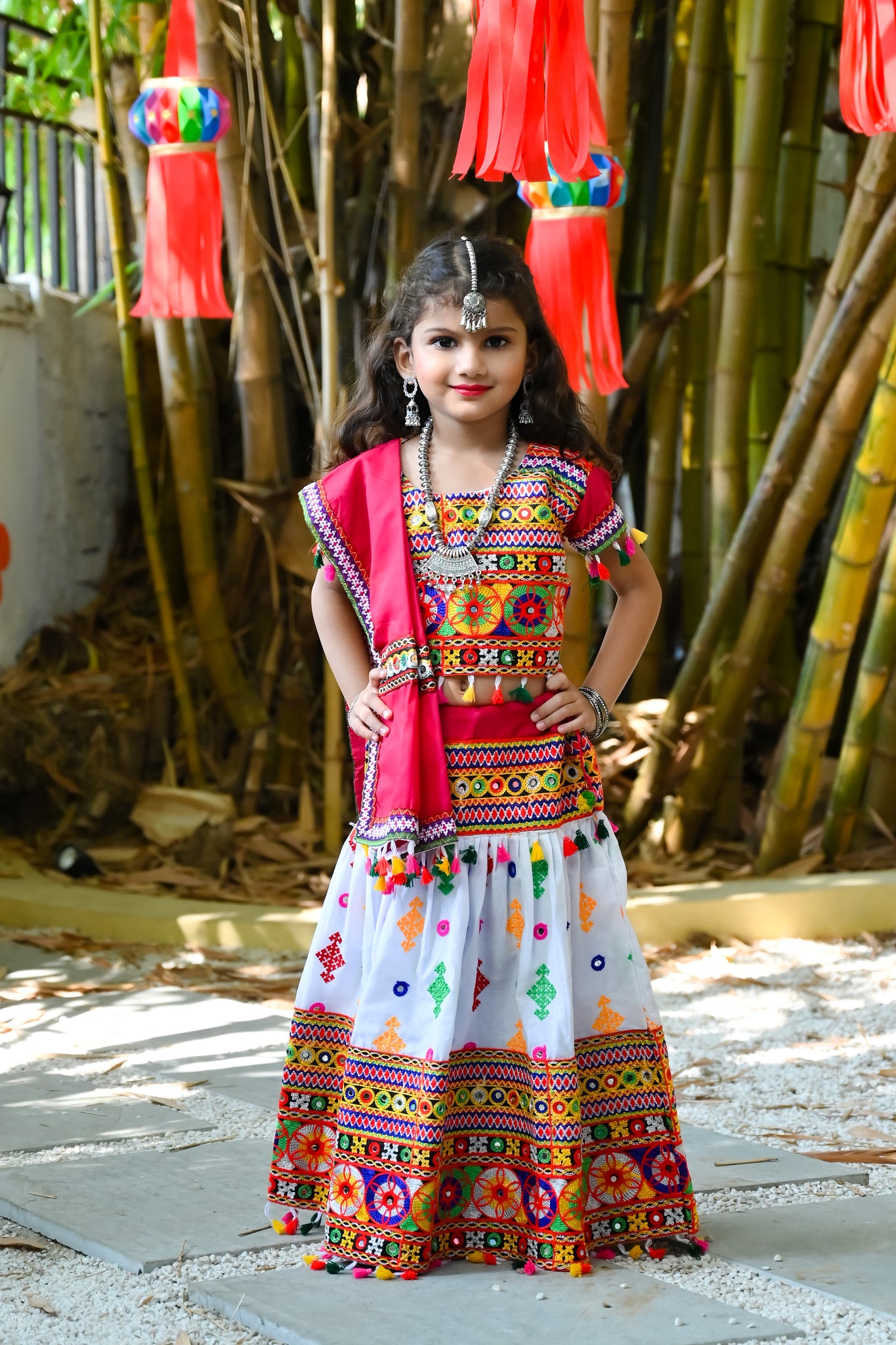 Banjara India Kutchi Emboidered White Girls Lehenga Choli with Dupatta