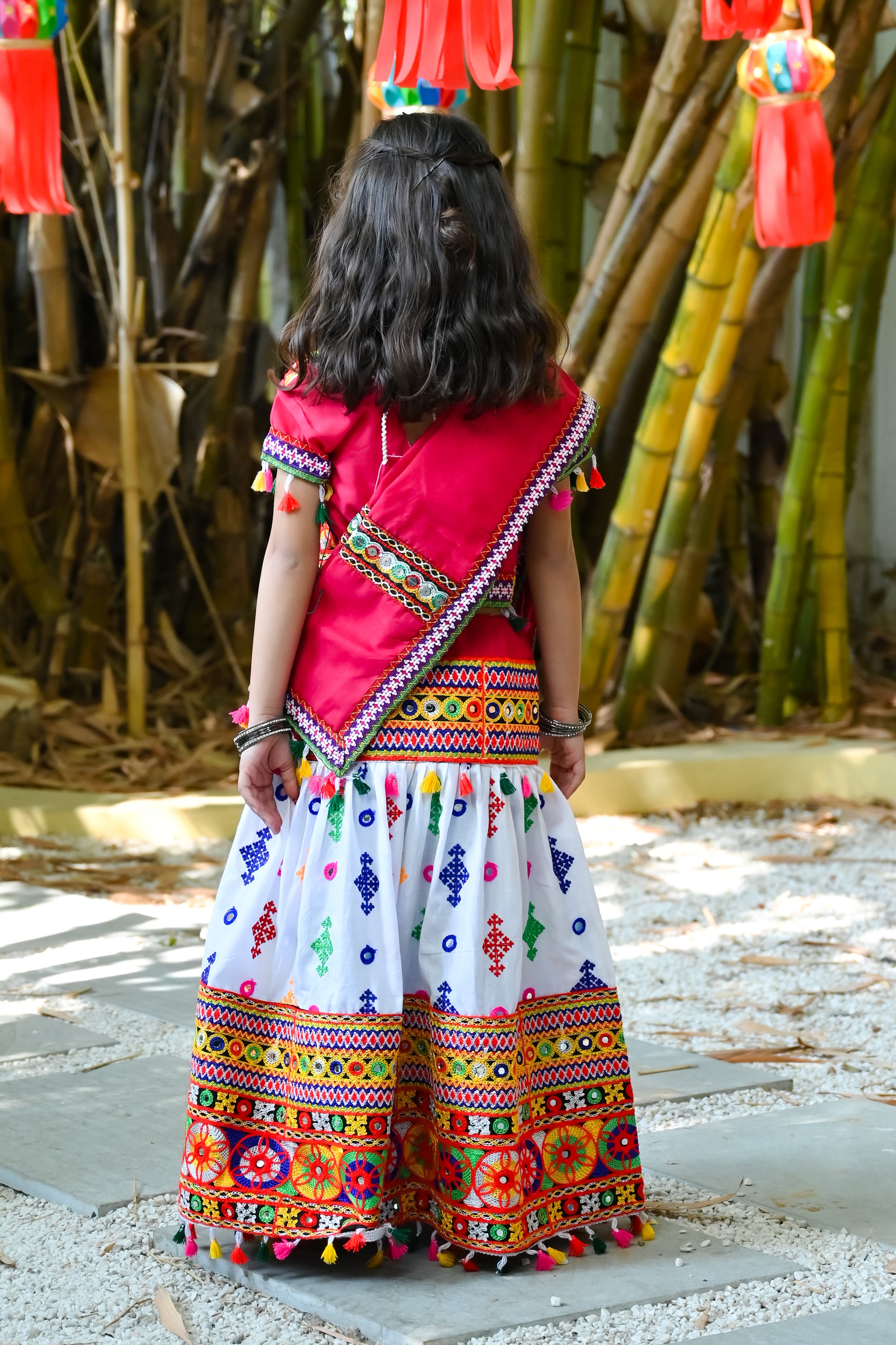 Banjara India Kutchi Emboidered White Girls Lehenga Choli with Dupatta (CC-BTTA) - White