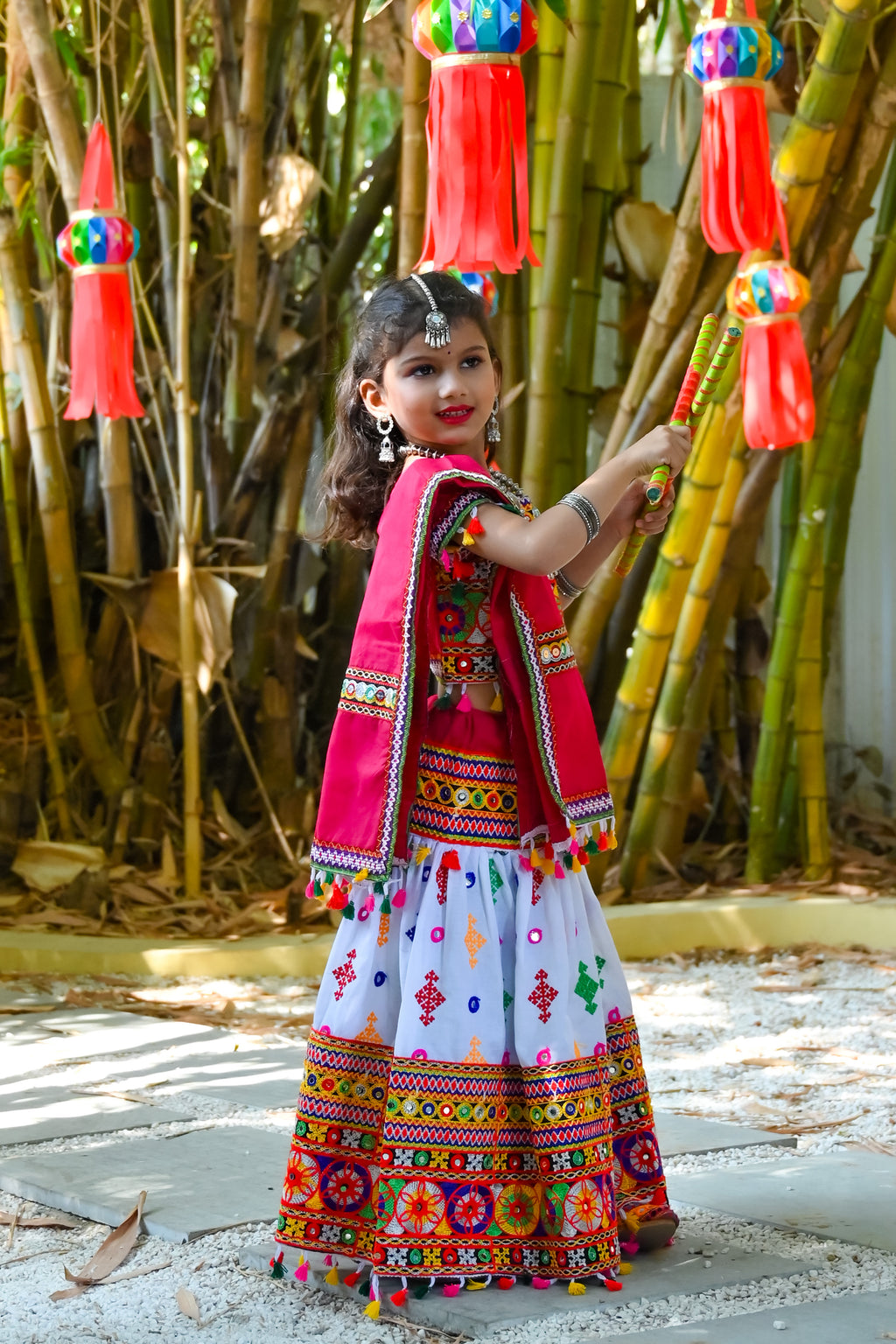 Banjara India Kutchi Emboidered White Girls Lehenga Choli with Dupatta (CC-BTTA) - White