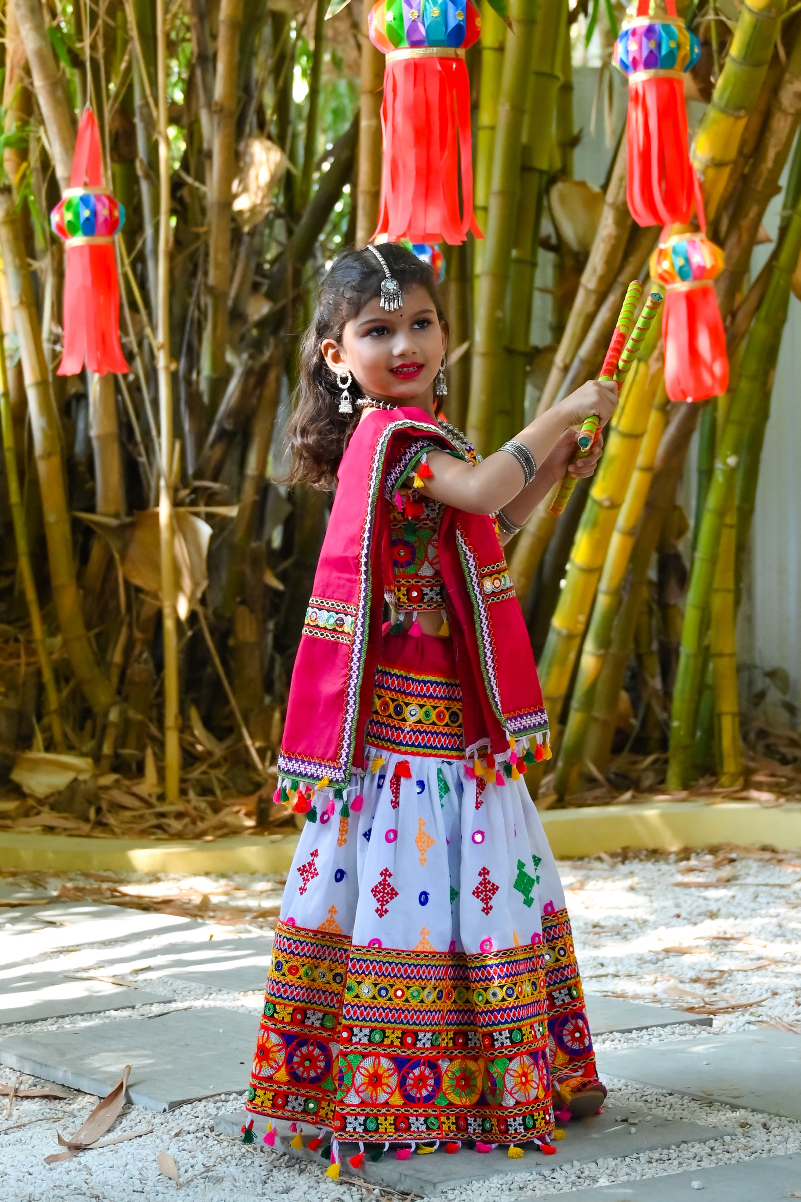Banjara India Kutchi Emboidered White Girls Lehenga Choli with Dupatta (CC-BTTA) - White