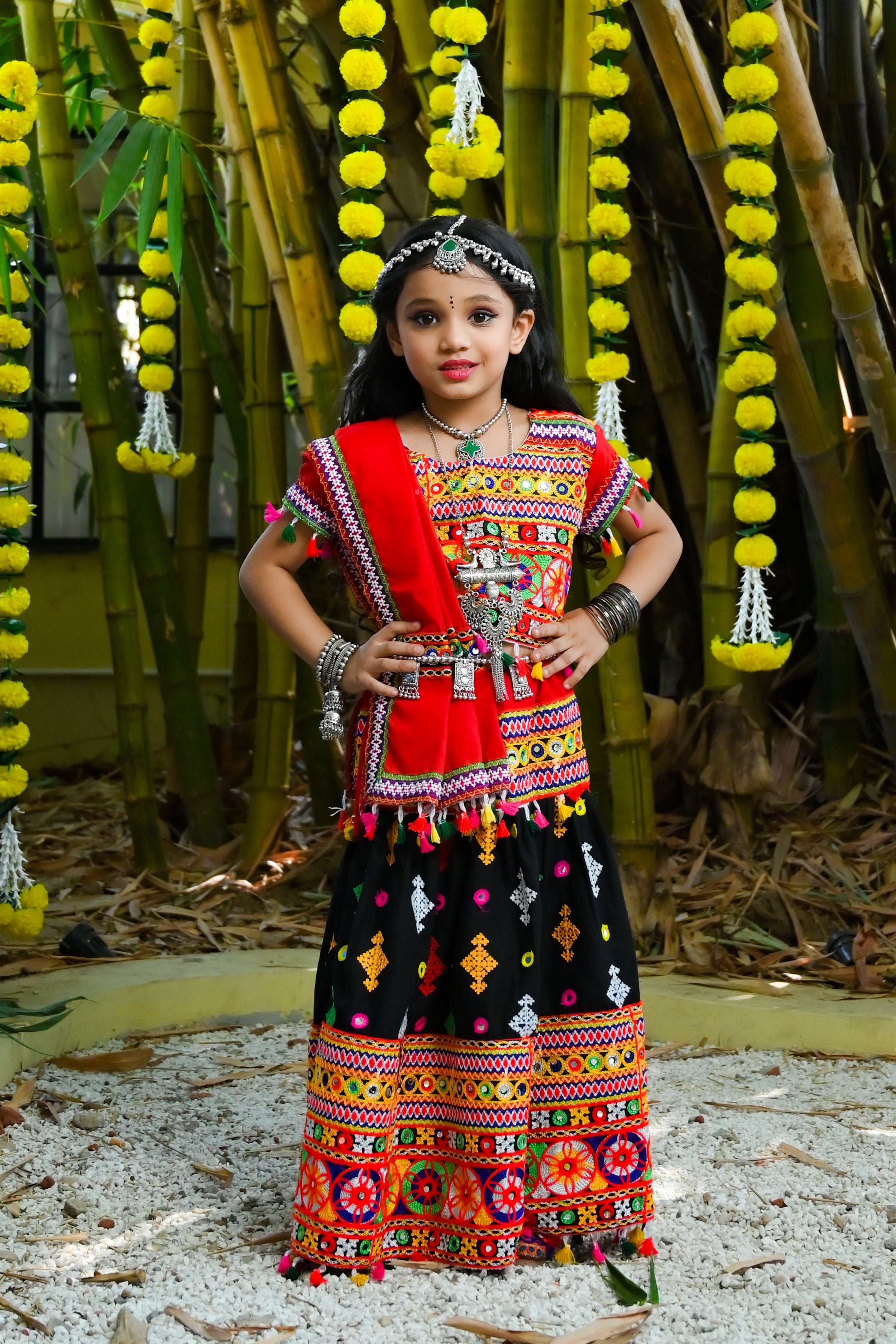 Banjara India Kutchi Emboidered Black Girls Lehenga Choli with Dupatta (CC-BTTA) - Black