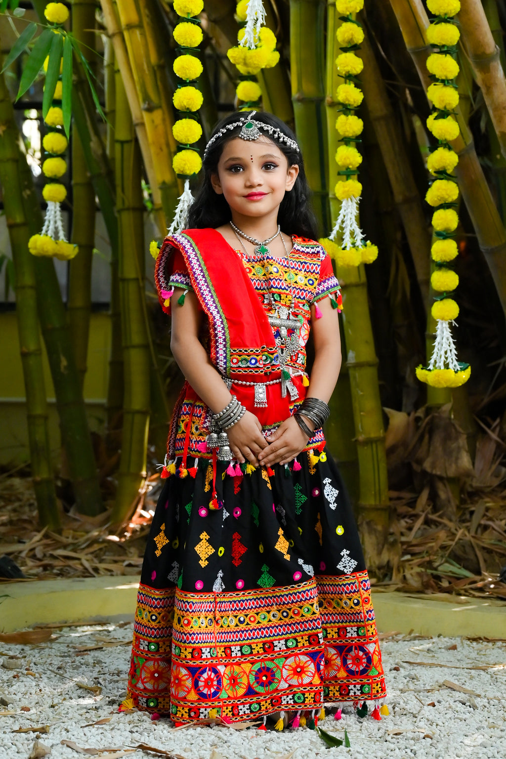 Banjara India Kutchi Emboidered Black Girls Lehenga Choli with Dupatta (CC-BTTA) - Black