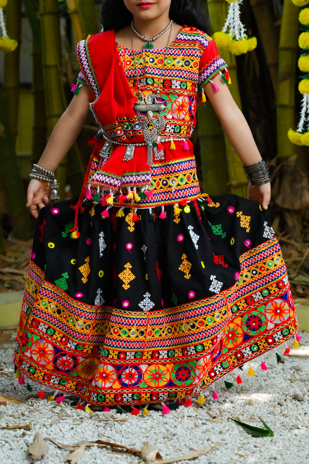 Banjara India Kutchi Emboidered Black Girls Lehenga Choli with Dupatta (CC-BTTA) - Black
