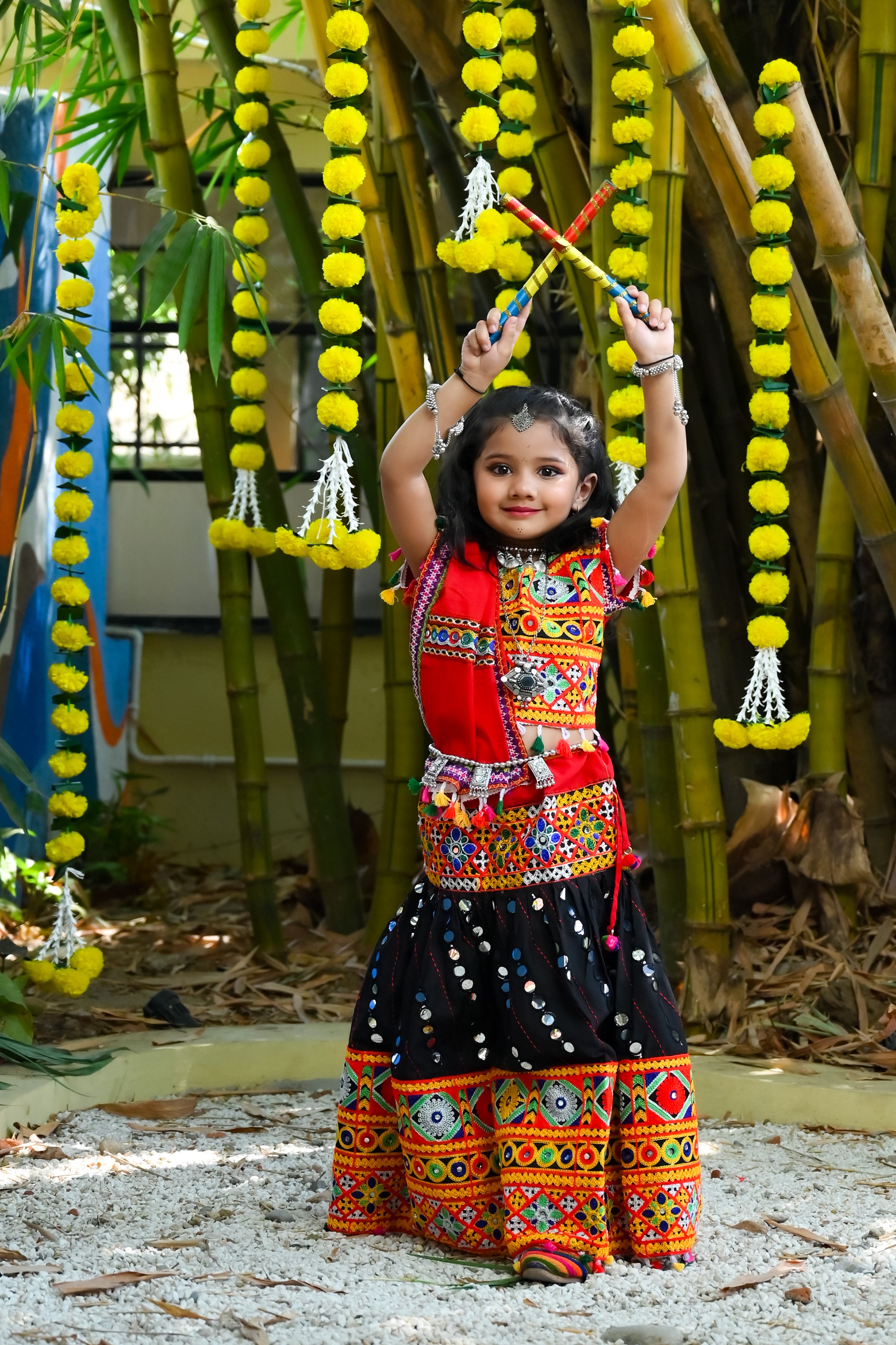 Banjara India Kutchi Emboidered Black Girls Chaniya Choli with Dupatta (CC-RSGL) - Black