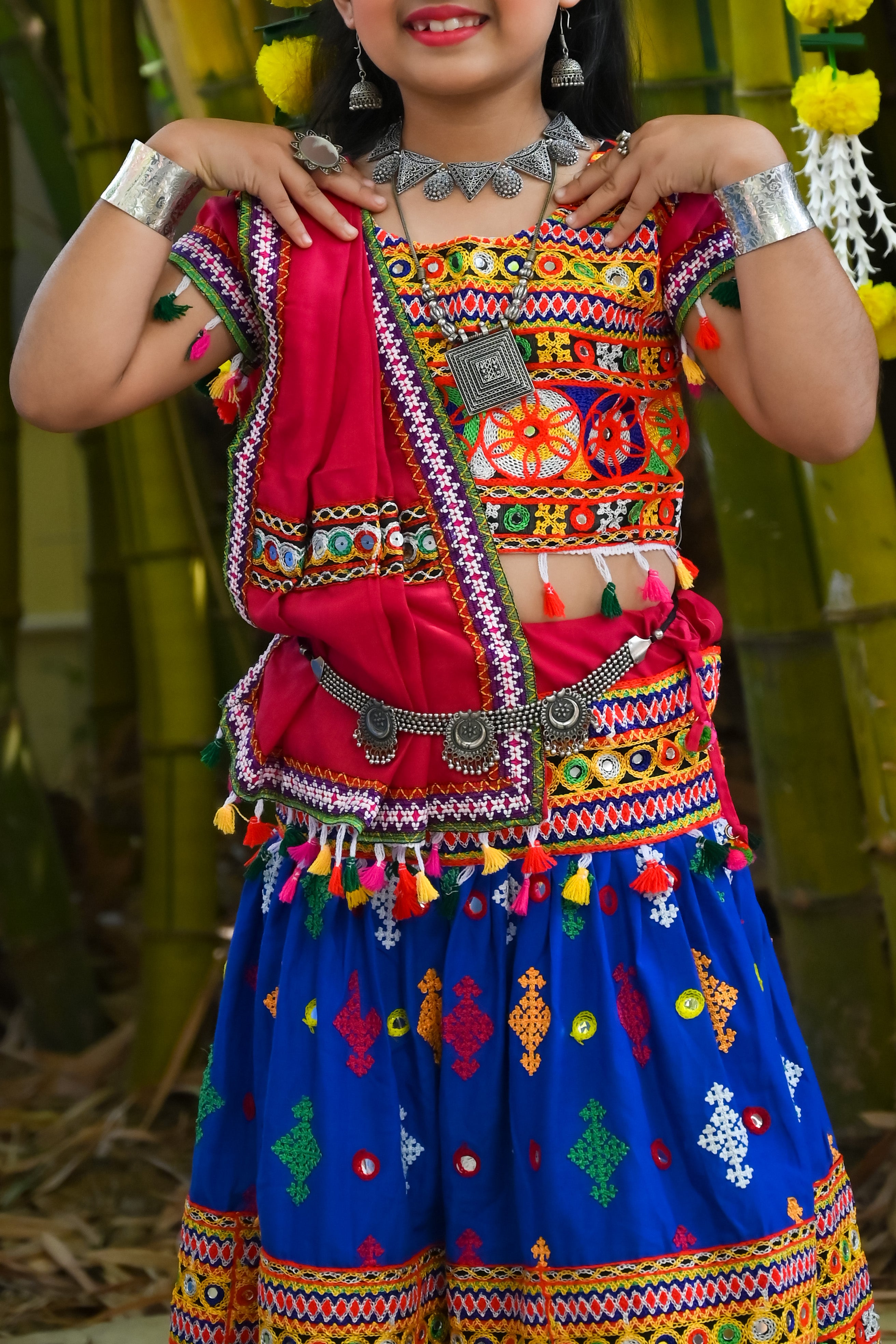 Banjara India Kutchi Emboidered Blue Girls Lehenga Choli with Dupatta (CC-BTTA) - Blue