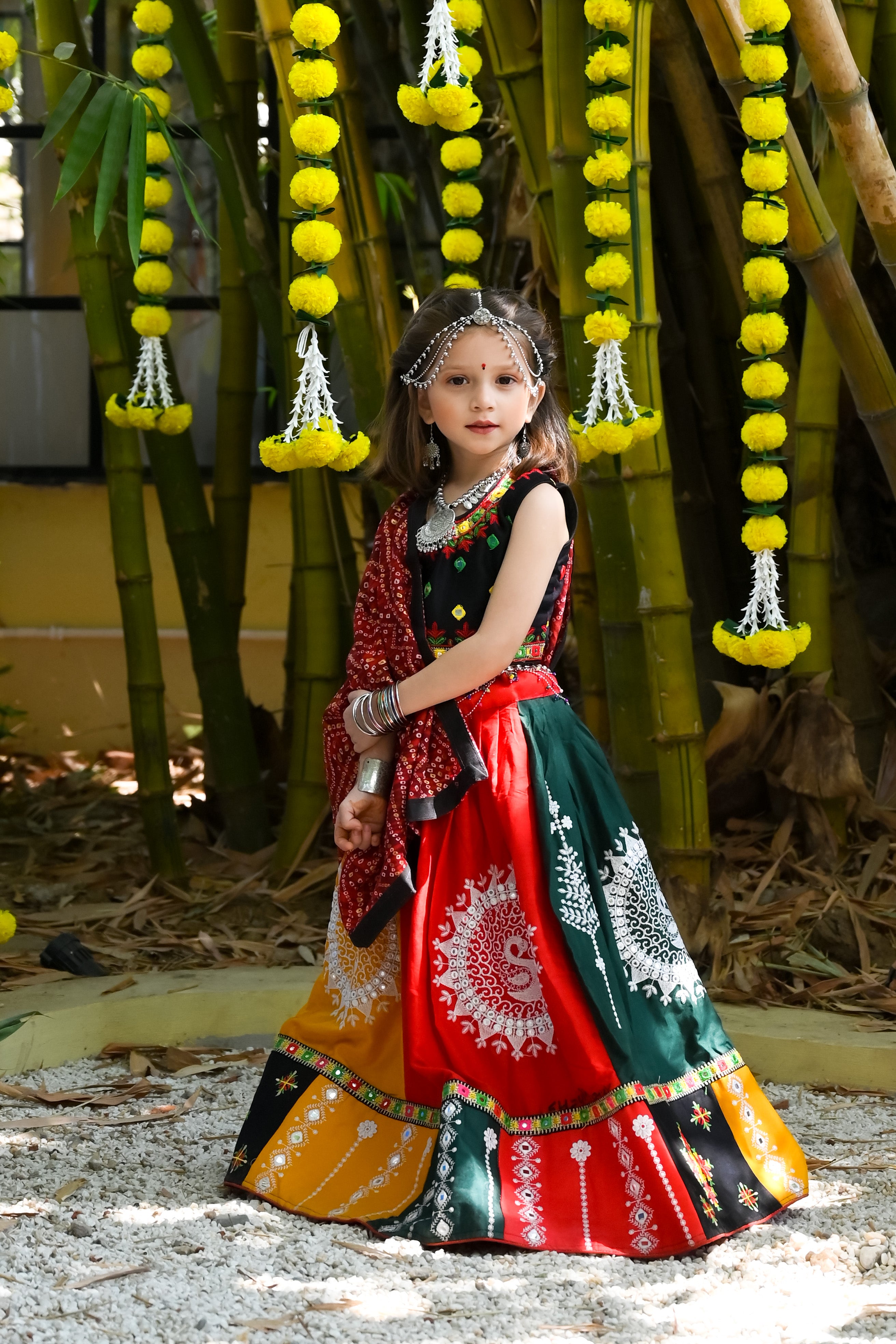 Banjara India Kutchi Embroidered Black Girls Chaniya Choli with Dupatta (CC-FNCY) - Black