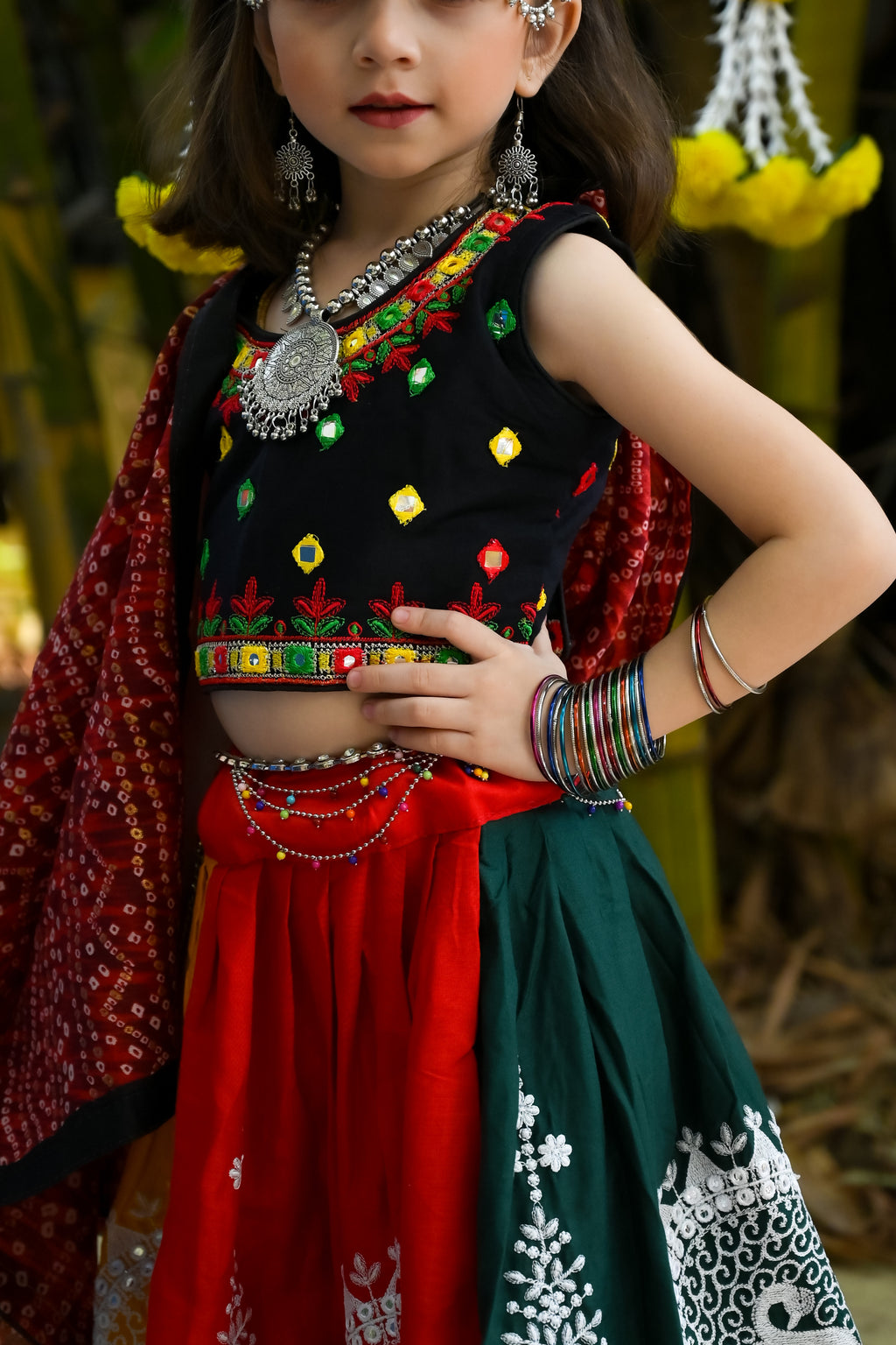 Banjara India Kutchi Embroidered Black Girls Chaniya Choli with Dupatta (CC-FNCY) - Black