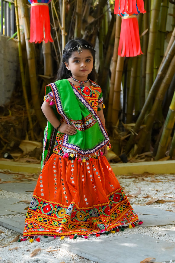 Banjara India Kutchi Emboidered Orange Girls Chaniya Choli with Dupatta (CC-RSGL) - ORANGE
