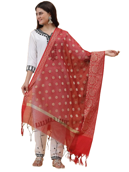 Banarasi Silk Zari work Dupatta-Red (SILK-FLR-DARK-Red)