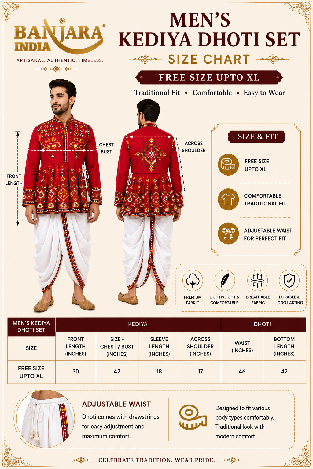Banjara India Men’s Kutchi Embroidered Kediyu & Dhoti Set | Traditional Navratri Garba Outfit | Mirror Work Ethnic Wear Set-Black