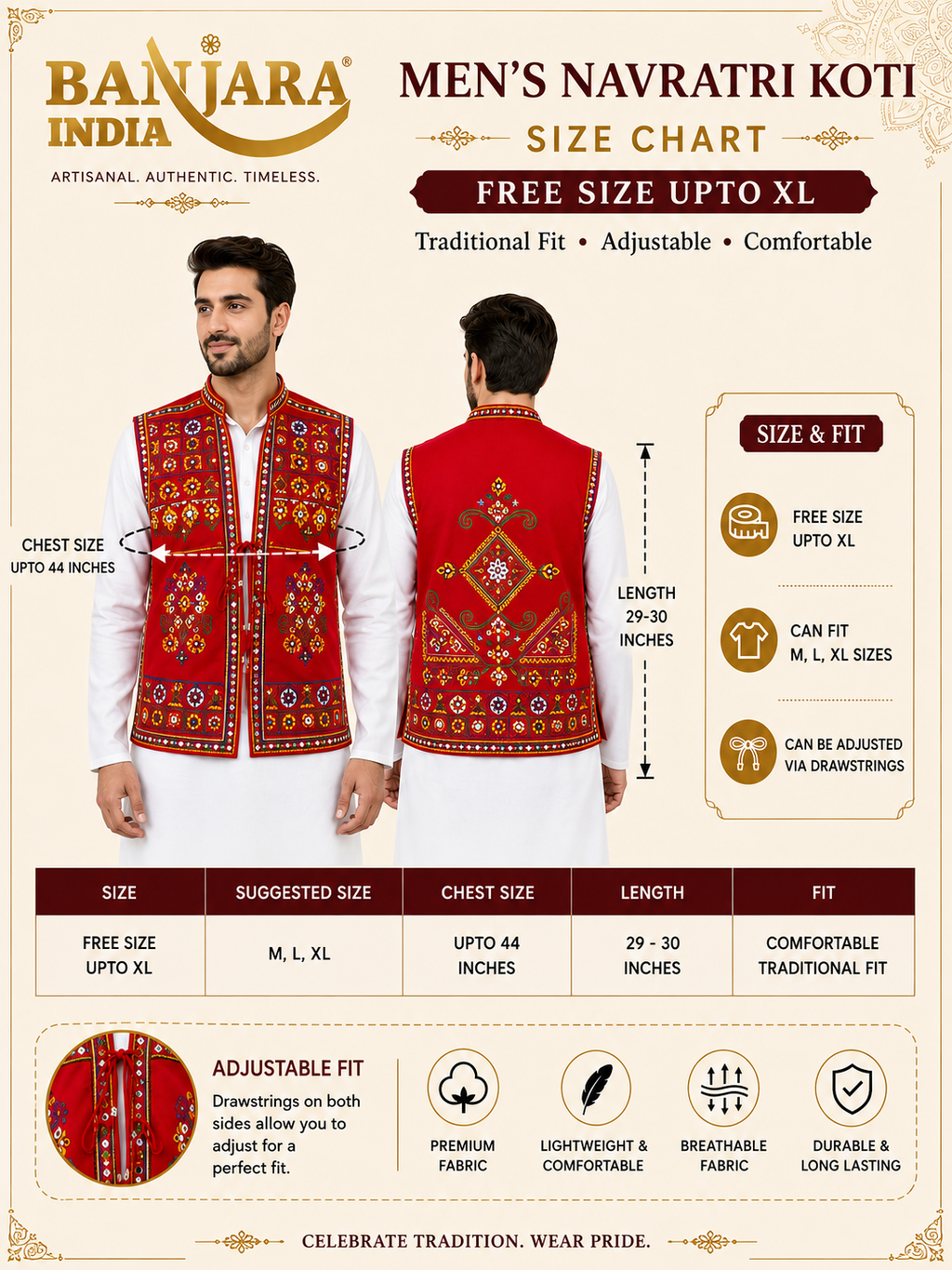 Banjara India Multicolor Kutchi Embroidered Ethnic Jacket for Men | Mirror Work Nehru Jacket | Festive & Navratri Wear (Men-Koti-03)