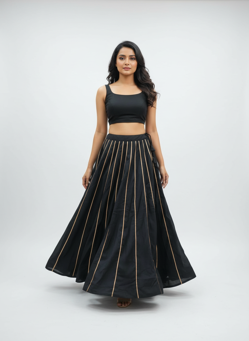 Banjara India Black Roman Silk Kali Skirt/Chaniya – Skirt-GoldenKali- Black
