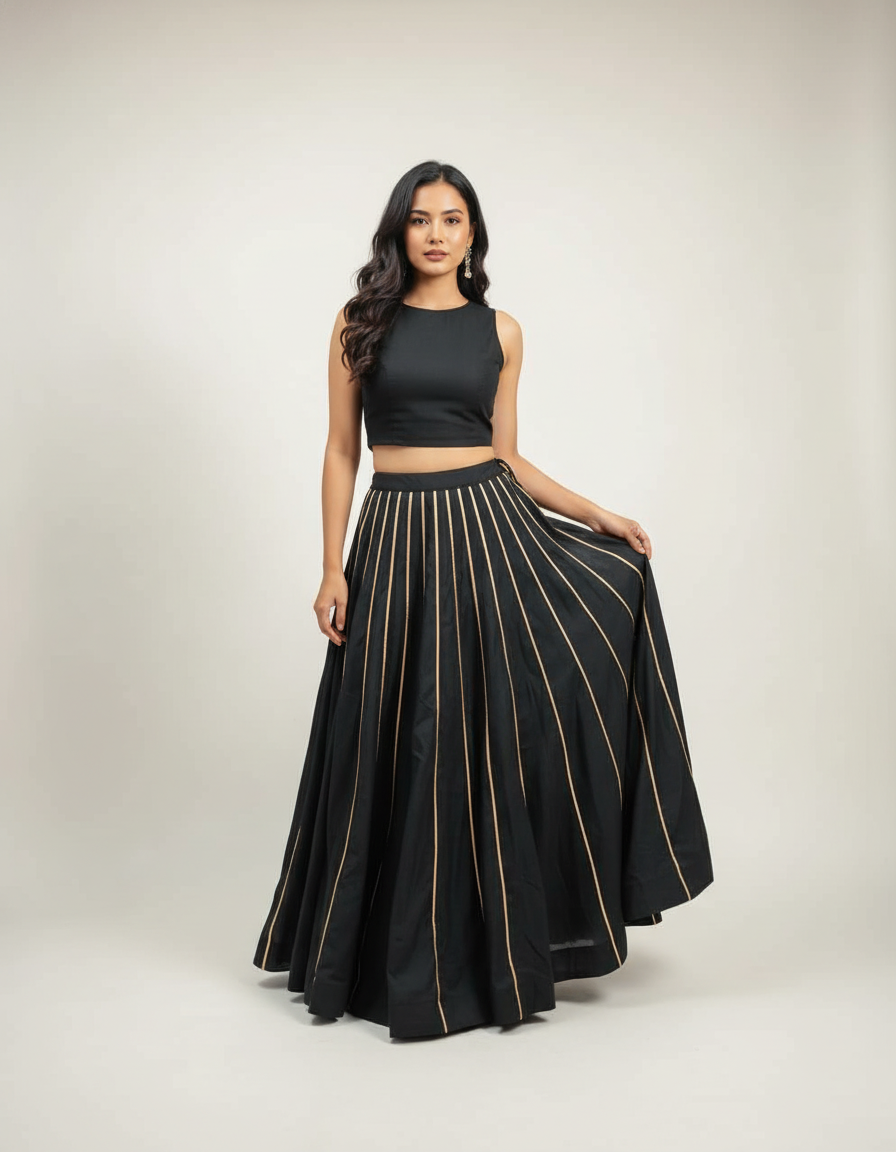 Banjara India Black Roman Silk Kali Skirt/Chaniya – Skirt-GoldenKali- Black