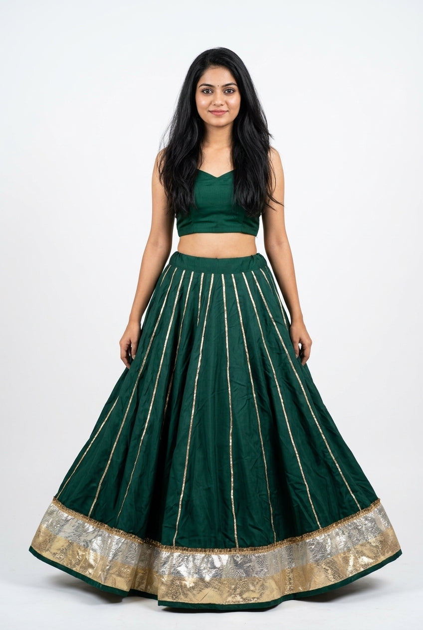 Banjara India Black Premium Rayon Kali Skirt/Chaniya – Skirt-Sona Chandi- Bottle Green