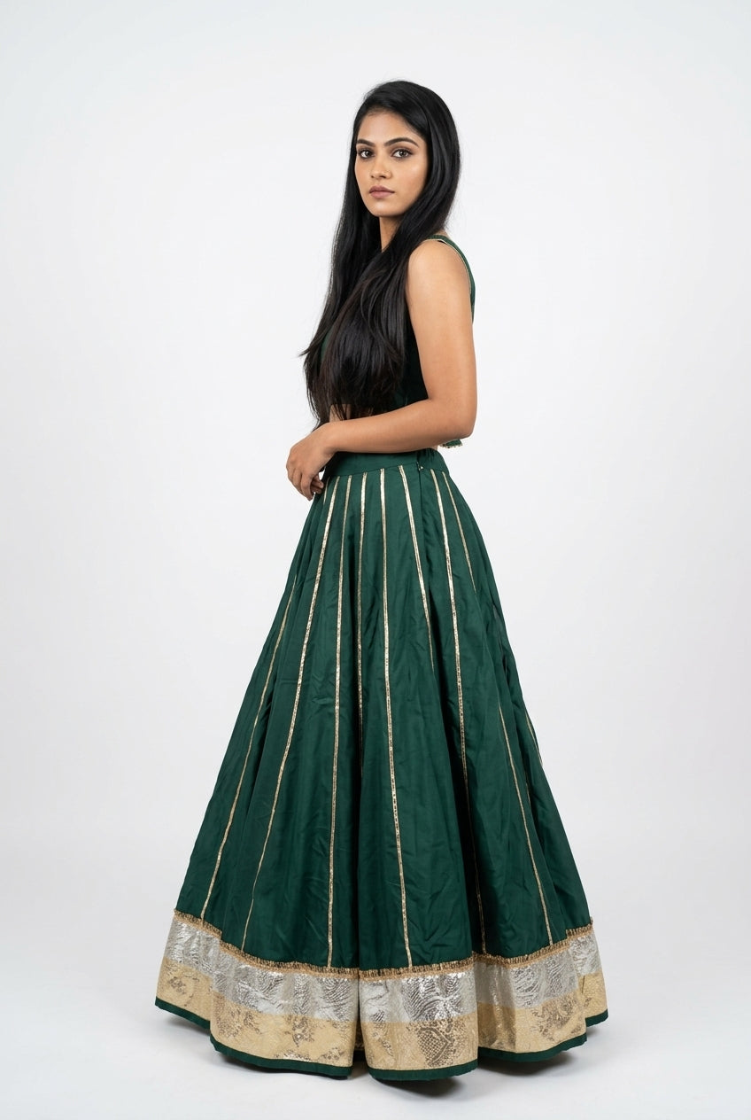 Banjara India Black Premium Rayon Kali Skirt/Chaniya – Skirt-Sona Chandi- Bottle Green