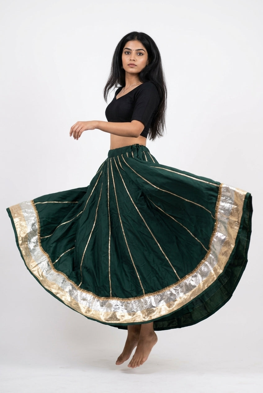 Banjara India Black Premium Rayon Kali Skirt/Chaniya – Skirt-Sona Chandi- Bottle Green