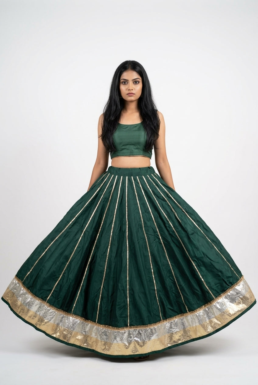 Banjara India Black Premium Rayon Kali Skirt/Chaniya – Skirt-Sona Chandi- Bottle Green