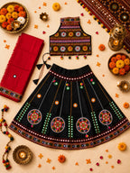 Banjara India Radha Kutch Embroidered Cotton Mirrorwork Festive Wear (Lehenga) Chaniya Choli Set with Dupatta (CC-RADHA-Black)
