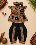 Banjara India Cotton Kutch Work Embroidered Kids Kediyu & Dhoti Set with Headband (KKD-Krishna)-Black