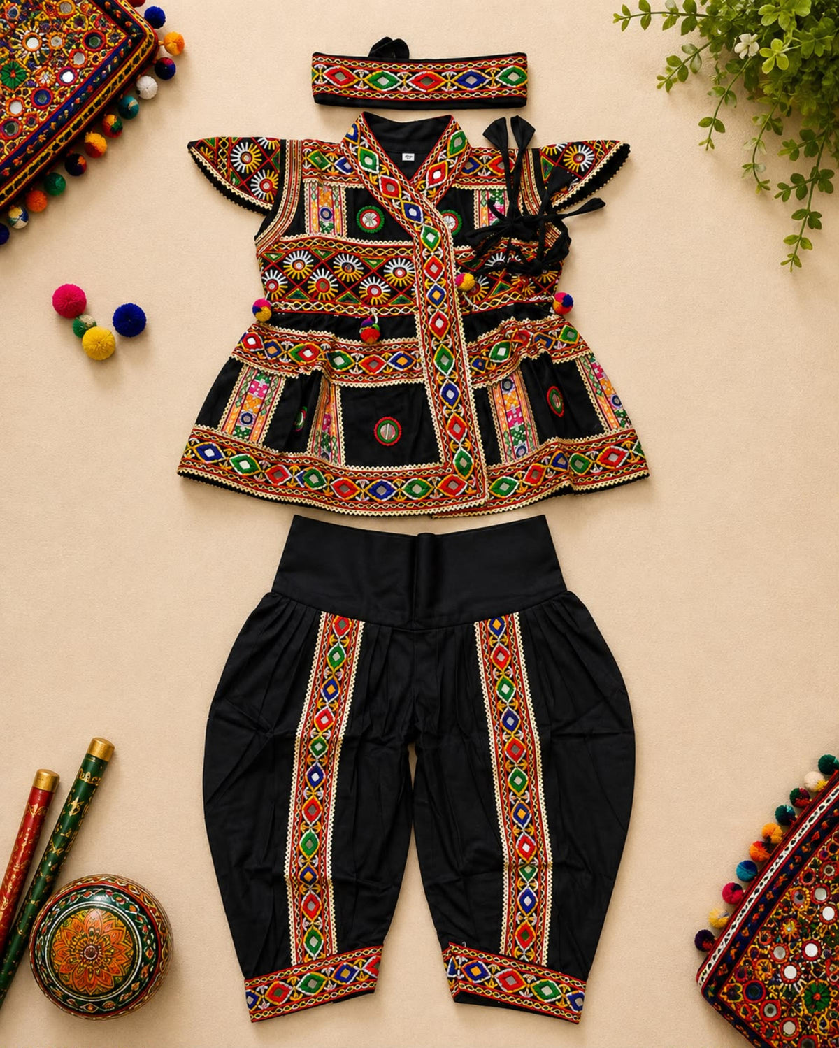 Banjara India Cotton Kutch Work Embroidered Kids Kediyu & Dhoti Set with Headband (KKD-Krishna)-Black