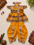 Banjara India Cotton Kutch Work Embroidered Kids Kediyu & Dhoti Set with Headband (KKD-Krishna)-Yellow
