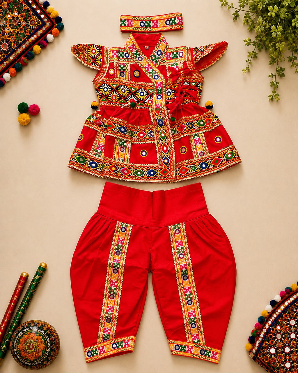 Banjara India Cotton Kutch Work Embroidered Kids Kediyu & Dhoti Set with Headband (KD-Krishna)-Red