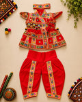 Banjara India Cotton Kutch Work Embroidered Kids Kediyu & Dhoti Set with Headband (KD-Krishna)-Red