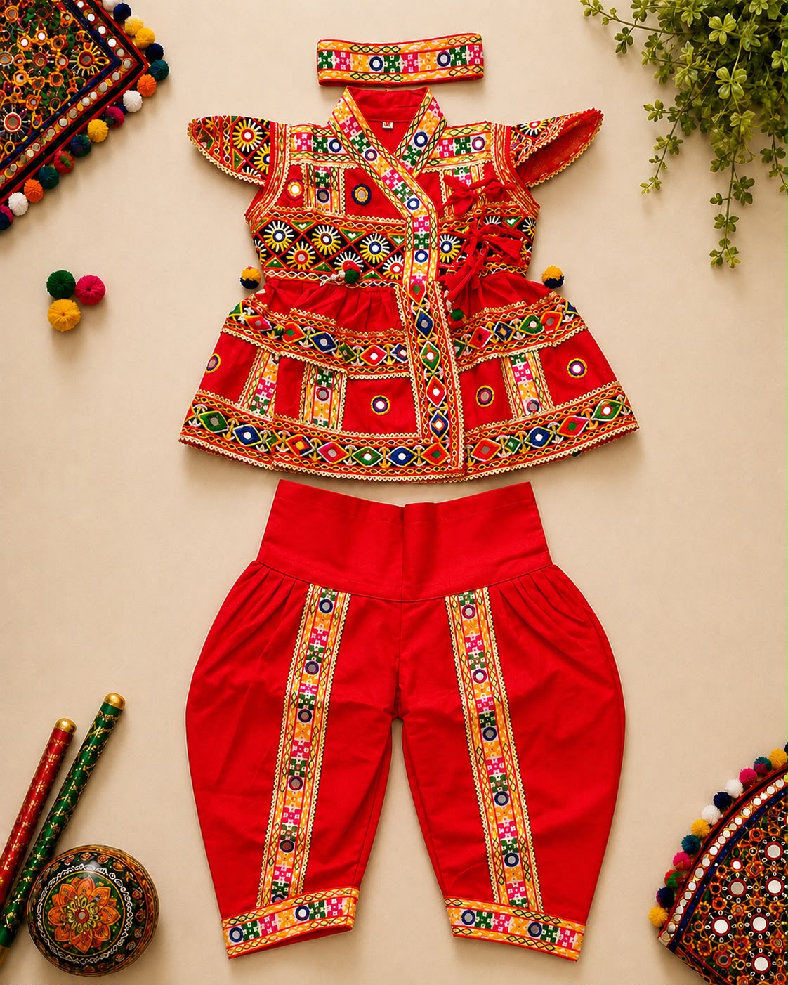 Banjara India Cotton Kutch Work Embroidered Kids Kediyu & Dhoti Set with Headband (KD-Krishna)-Red