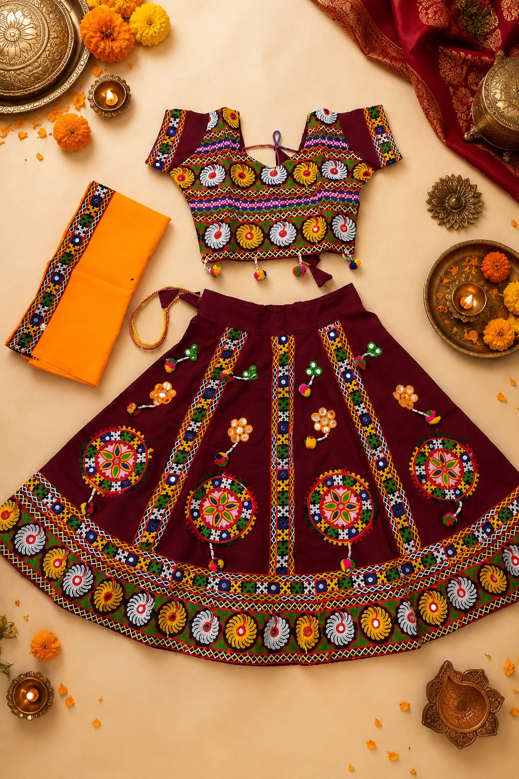 Banjara India MEERA Kutch Embroidered Cotton Mirrorwork Festive Wear (Lehenga) Chaniya Choli Set with Dupatta (CC-MEERA-Maroon)