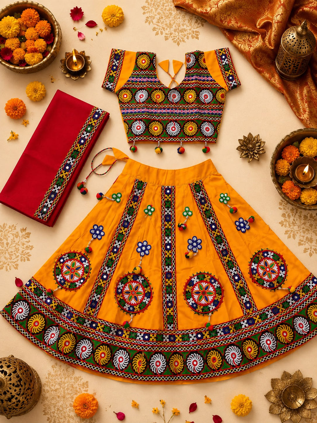 Banjara India MEERA Kutch Embroidered Cotton Mirrorwork Festive Wear (Lehenga) Chaniya Choli Set with Dupatta (CC-MEERA-Yellow) (Copy)