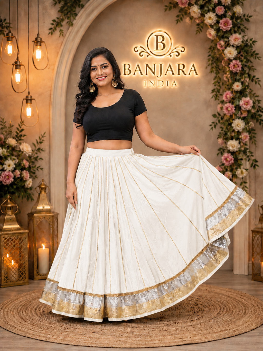 Banjara India Black Premium Rayon Kali Skirt/Chaniya – Skirt-Sona Chandi- Off-White