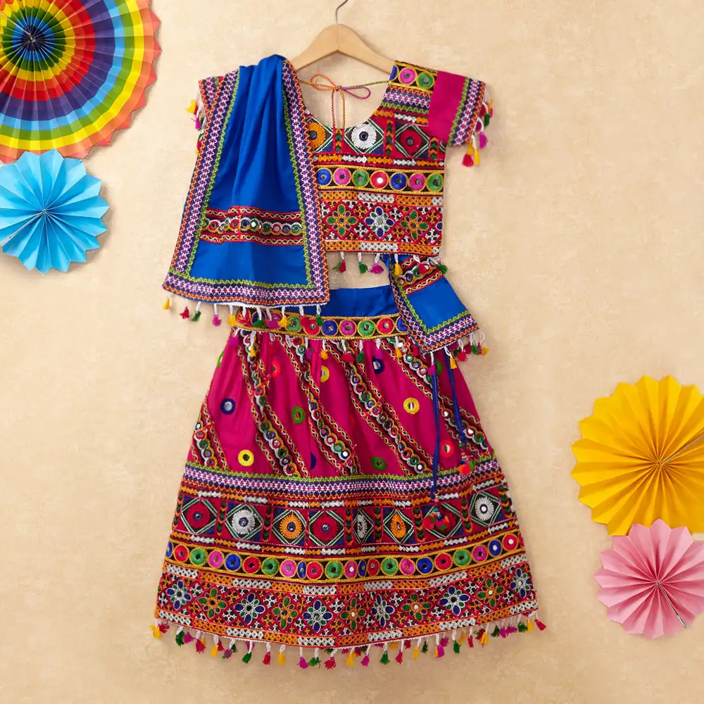 Banjara India Kutchi Emboidered Pink Girls Chaniya Choli with Dupatta (CC-WAVE) - Pink