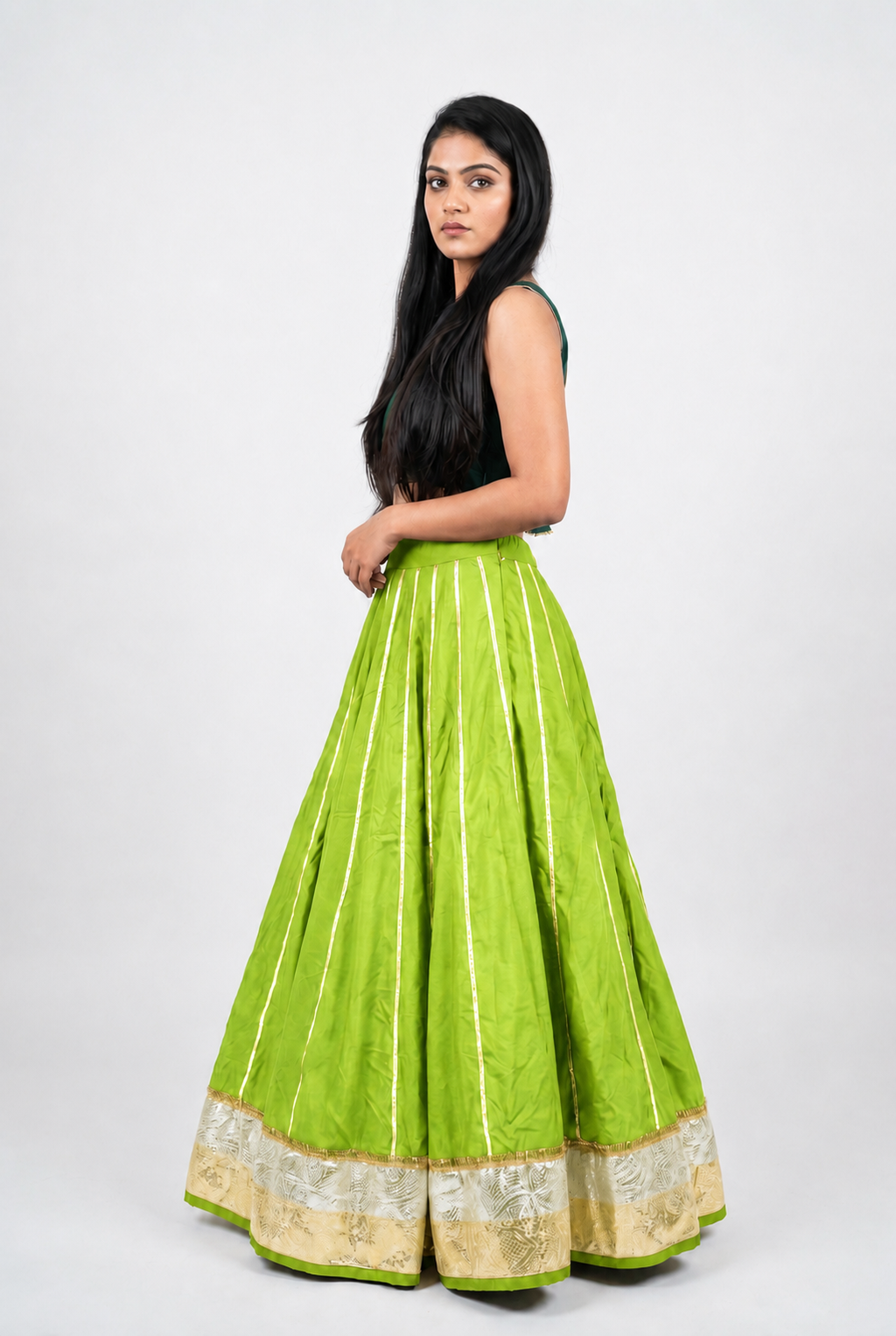Banjara India Black Premium Rayon Kali Skirt/Chaniya – Skirt-Sona Chandi- Lime Green